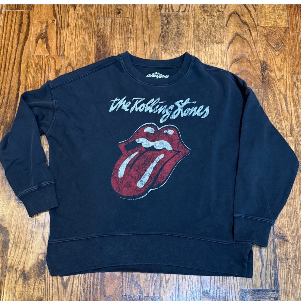 Rolling Stones Graphic Sweatshirt Black Tongue Logo Band Pullover Medium RN91497